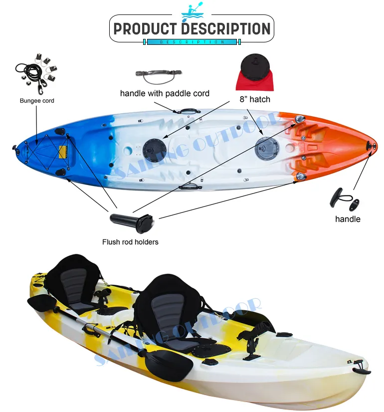 12FT Plastic Sailing Kayak 2 + 1 Seat Sit on Top Kayaks