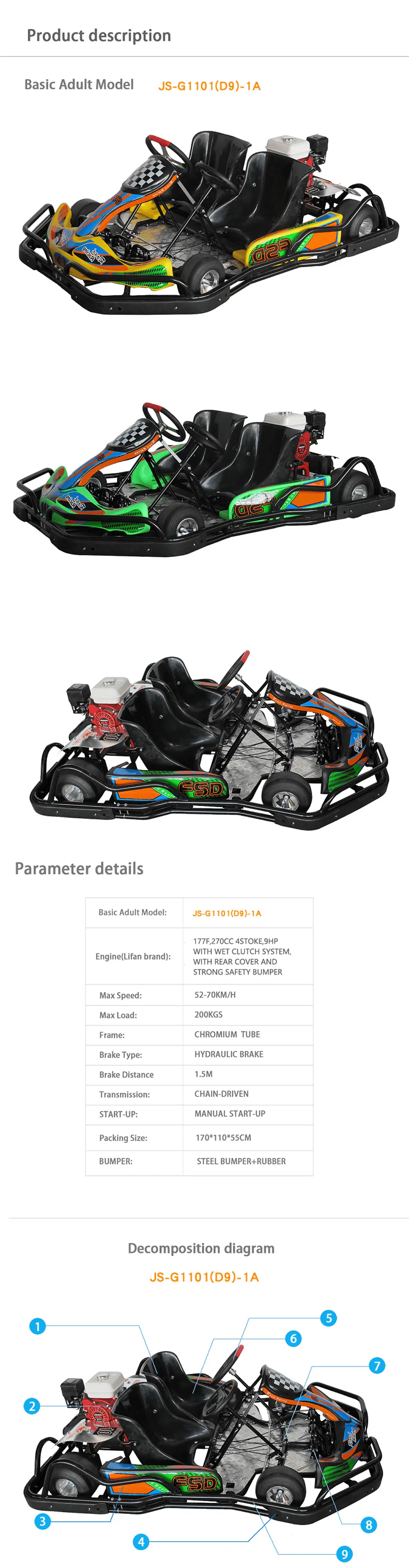 Factory 2seat Buggy 2 Persons Adult 270cc Gasolina Racing Pedal Go Kart