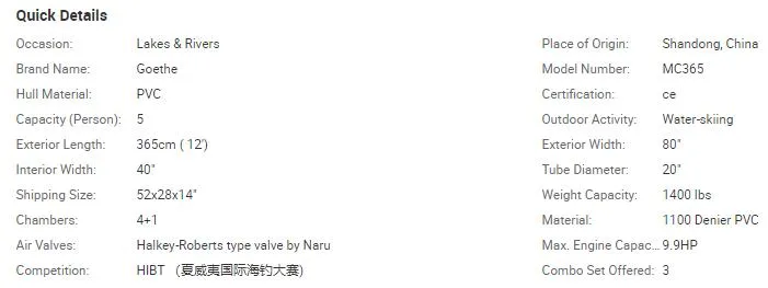 Mc365 Goethe Air Inflatable Fishing Race Boat Inflatable Catamaran Hypalon Banana Boat Kayak for Hot Sale