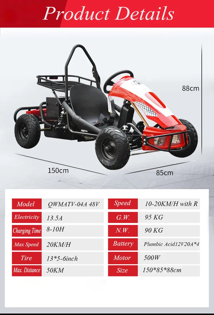 New 500W 48V 20ah Electric Racing Go Kart with Brushless Motor for Kids