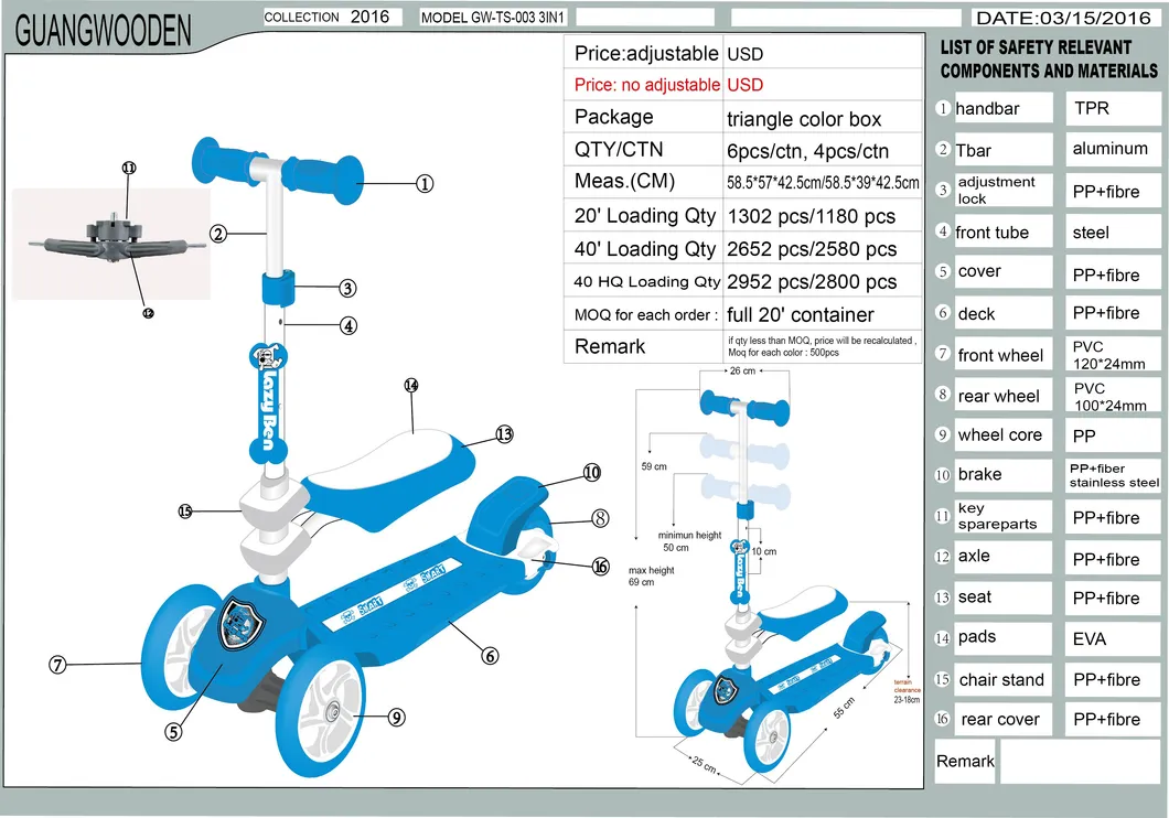 Scooters for Kids Kick Scooter with Removable Seat 3-in-1 Adjustable Height Kids Scooter Toddler Scooters for Boys and Girls-En-14619-B/En71 Aproved